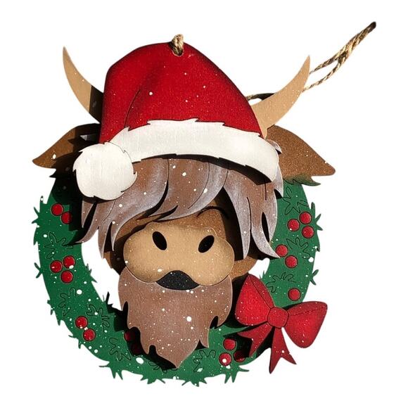 Handmade Whimsical Highlander Cow Wreath Santa Hat Hand Painted Wood Ornament - Picture 7 of 10